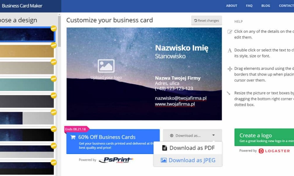 Wizytówki-serwis bez logowania kreator